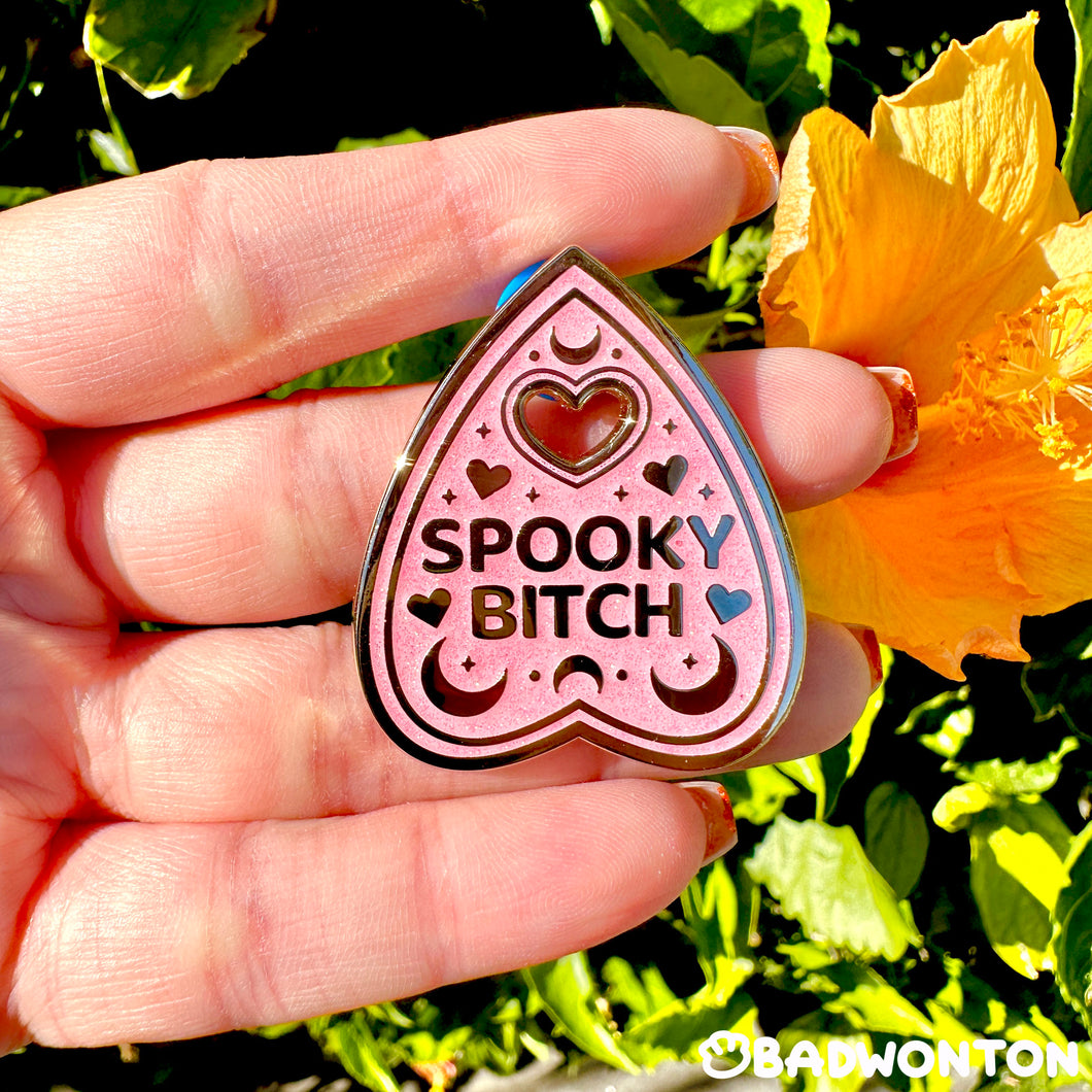 Spooky Bitch Quija Planchette GLITTER Enamel Pin